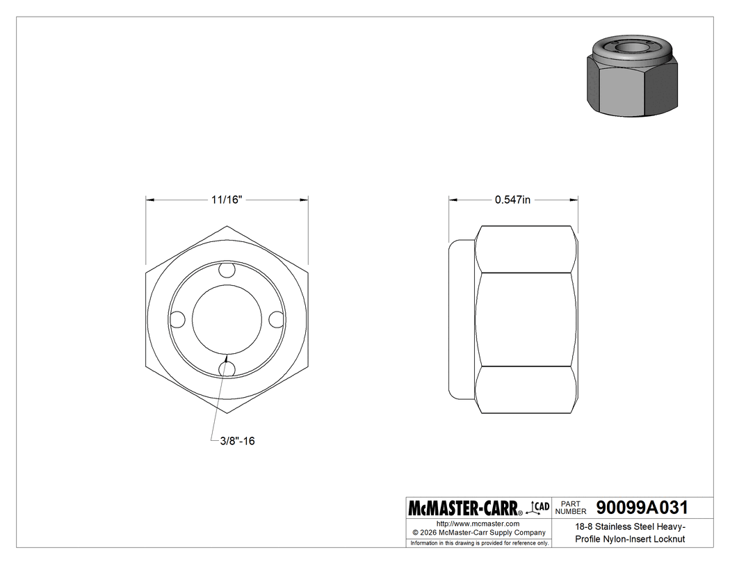 Technical Drawing of 18-8 Stainless Steel Heavy-Profile Nylon-Insert Locknut, Corrosion-Resistant, 3/8"-16 Thread Size.